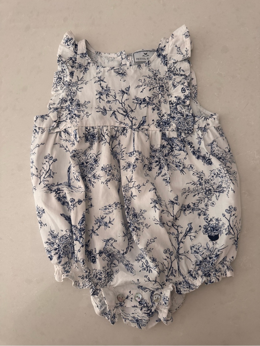 Petite Plume-  White & Navy Floral Baby Romper